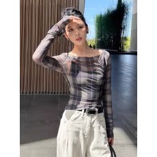 批发网纱复古格纹长袖T恤女夏<b class='q'>修身</b>显瘦防晒罩衫别致微透上衣