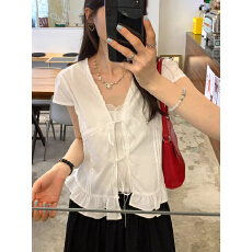 批发蝴蝶结绑带蕾丝花边短袖衬衫女2026夏季韩系<b class='q'>甜美</b>设计感别致上衣