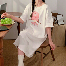 批发韩系短袖宽松大码懒人长裙新款过膝印花夏季开叉胖m连衣裙