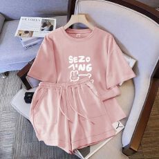 批发仿棉索罗娜休闲运动套装女宽松<b class='q'>大码</b>短袖胖mm印花两件套潮