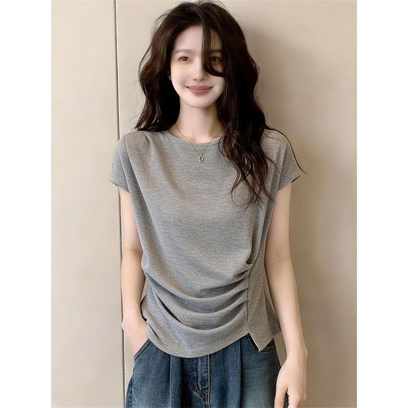 1x1 사람들 면 와 사고 방식 260g 빅 사이즈 Feifei 소매 티셔츠 여성 여름 새로운 2026 년 주름 허리 수축 맨위