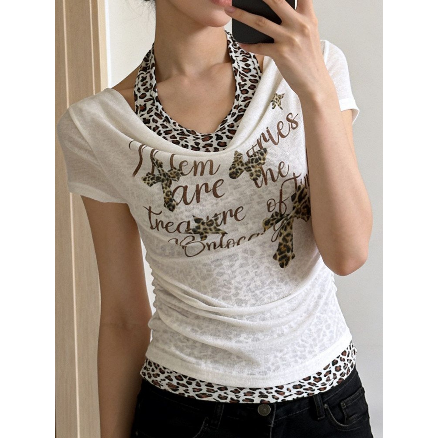 주간 실크 리브 110 크 모달 아메리칸 새로운 레오파드 무늬 허리 수축 십자가 프린트 캐주얼 맨위 여성