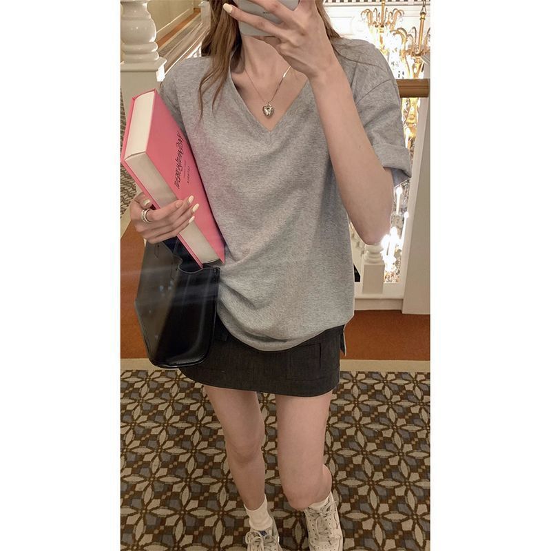 한국 스타일 기초 V넥 단색 티셔츠 여성용 짧은 소매 만나는 캐주얼 루즈핏
