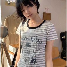批发纯棉条纹#<b class='q'>可爱</b>萌系猫咪卡通印花轻亚风短袖修身显瘦上衣女
