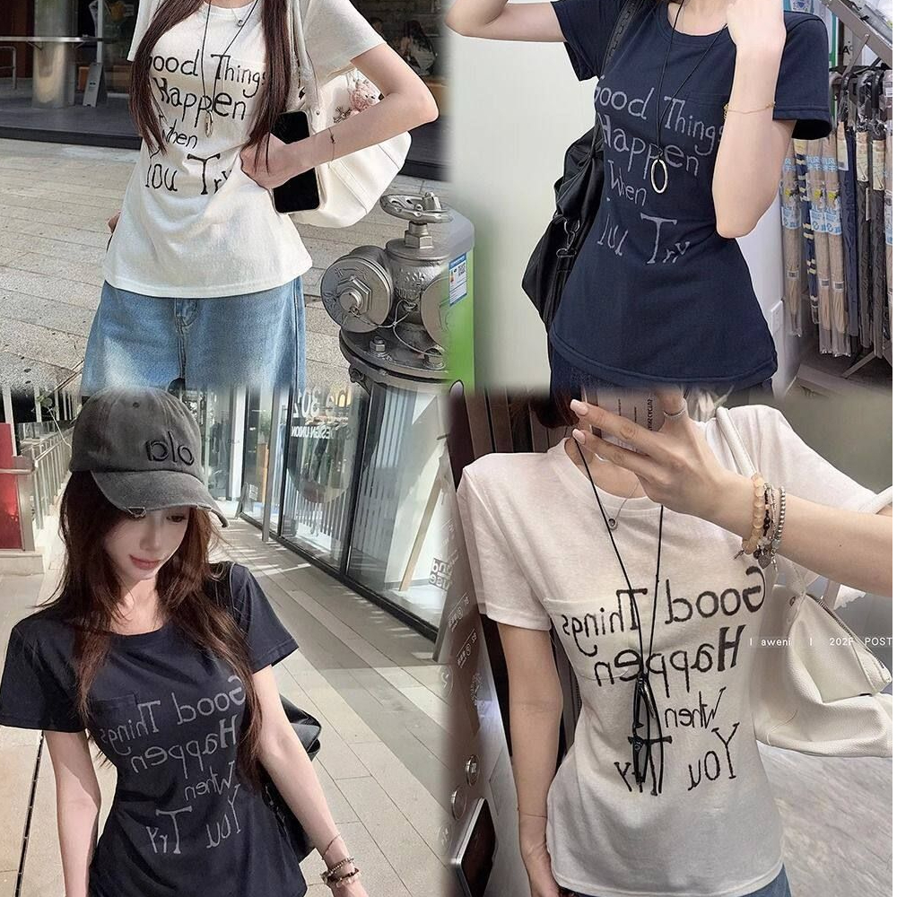 원본 원단 디자인 센스 허리 수축 슬림해 보이는 화이트 반팔 티셔츠 여성 인터넷 유명인 Chic 고유 한 프린트 긍정적 인 어깨 의류