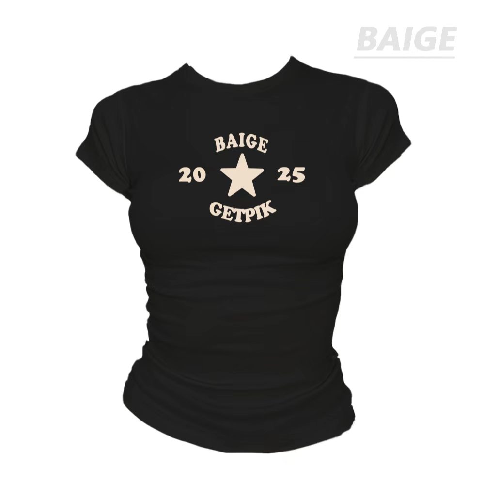 아메리칸 레트로 프린트 반팔 티셔츠 여성 여름 몸매 가꾸기 슬림해 보이는 캐주얼 맨위