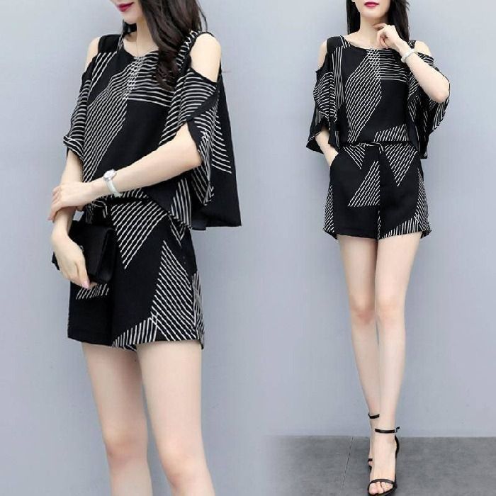 빅 사이즈 외국 가스 반팔 맨위 2026 새로운 슬림해 보이는 스트라이프 투피스 세트 캐주얼 패션 하이웨이스트 반바지 세트 여성