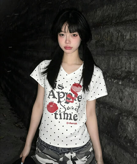 여름 새로운 한 부서 V넥 도트 무늬 패션 긍정적 인 어깨 프린트 섹션 반팔 티셔츠