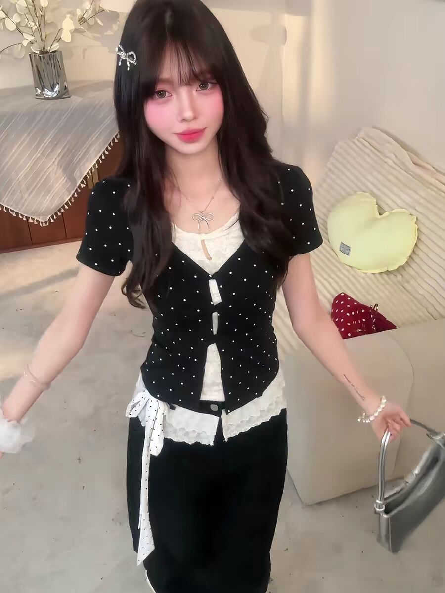 260 그램 사람들 면 모달 유럽 한 패션 디자인 도트 무늬 패치워크 레이스 반팔 페이크 레이어드 여성 몸매 가꾸기 쇼트 스타일 t