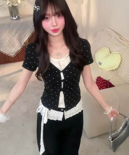 260 그램 사람들 면 모달 유럽 한 패션 디자인 도트 무늬 패치워크 레이스 반팔 페이크 레이어드 여성 몸매 가꾸기 쇼트 스타일 t