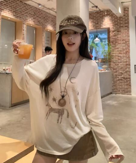 느긋한 바람 별 트로이 목마 프린트 자외선 차단 블라우스 여성 느슨함 센스 루즈핏 다용도 슬림해 보이는 긴팔 티셔츠