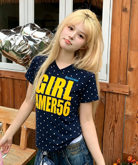 여름 새로운 한 부서 V넥 도트 무늬 패션 긍정적 인 어깨 프린트 섹션 반팔 티셔츠