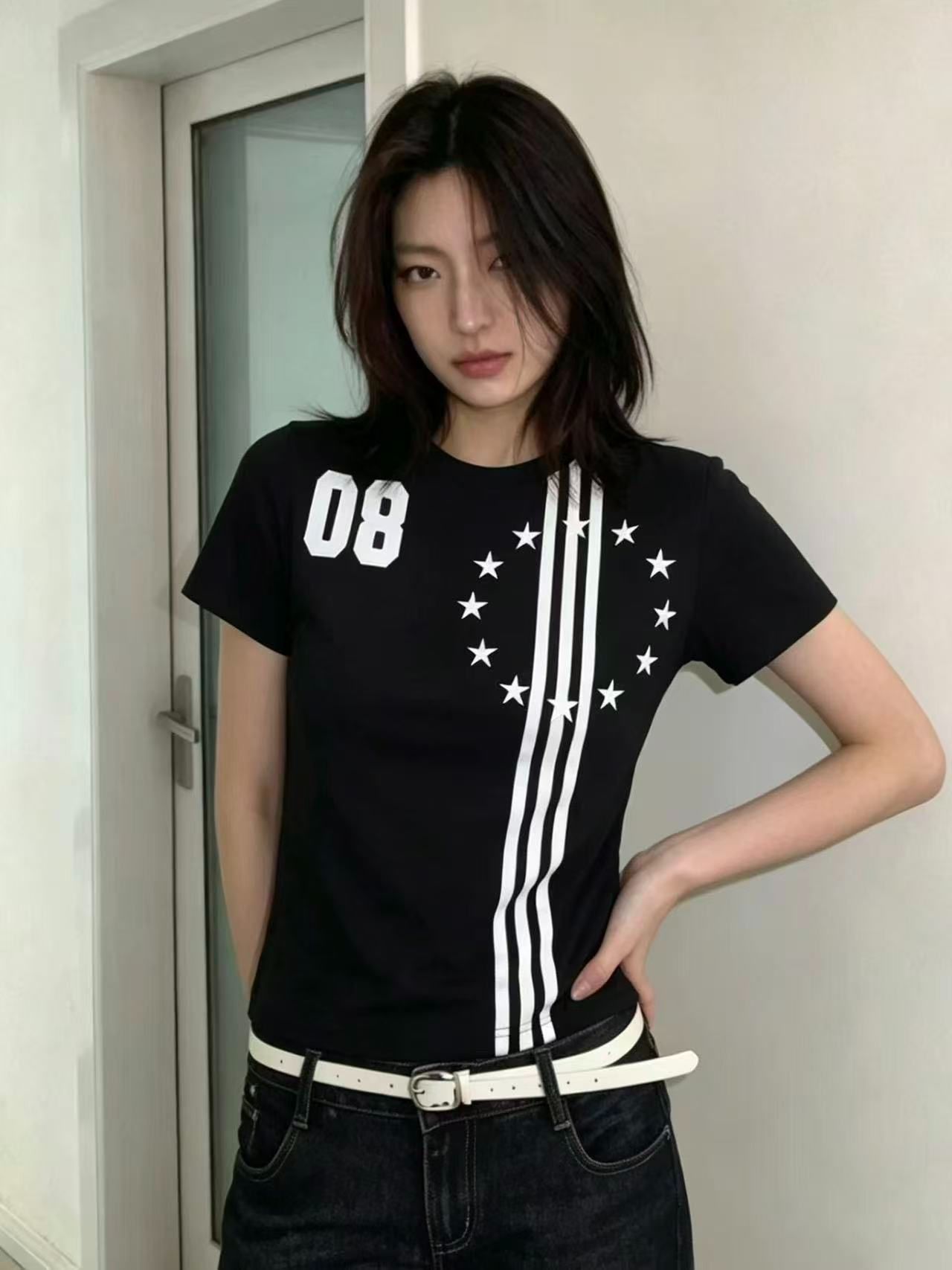 아메리칸 레트로 긍정적 인 어깨 라운드 넥 프린트 반팔 티셔츠 여성