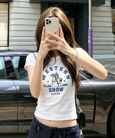 아메리칸 레트로 프린트 반팔 티셔츠 여성 여름 몸매 가꾸기 캐주얼 맨위