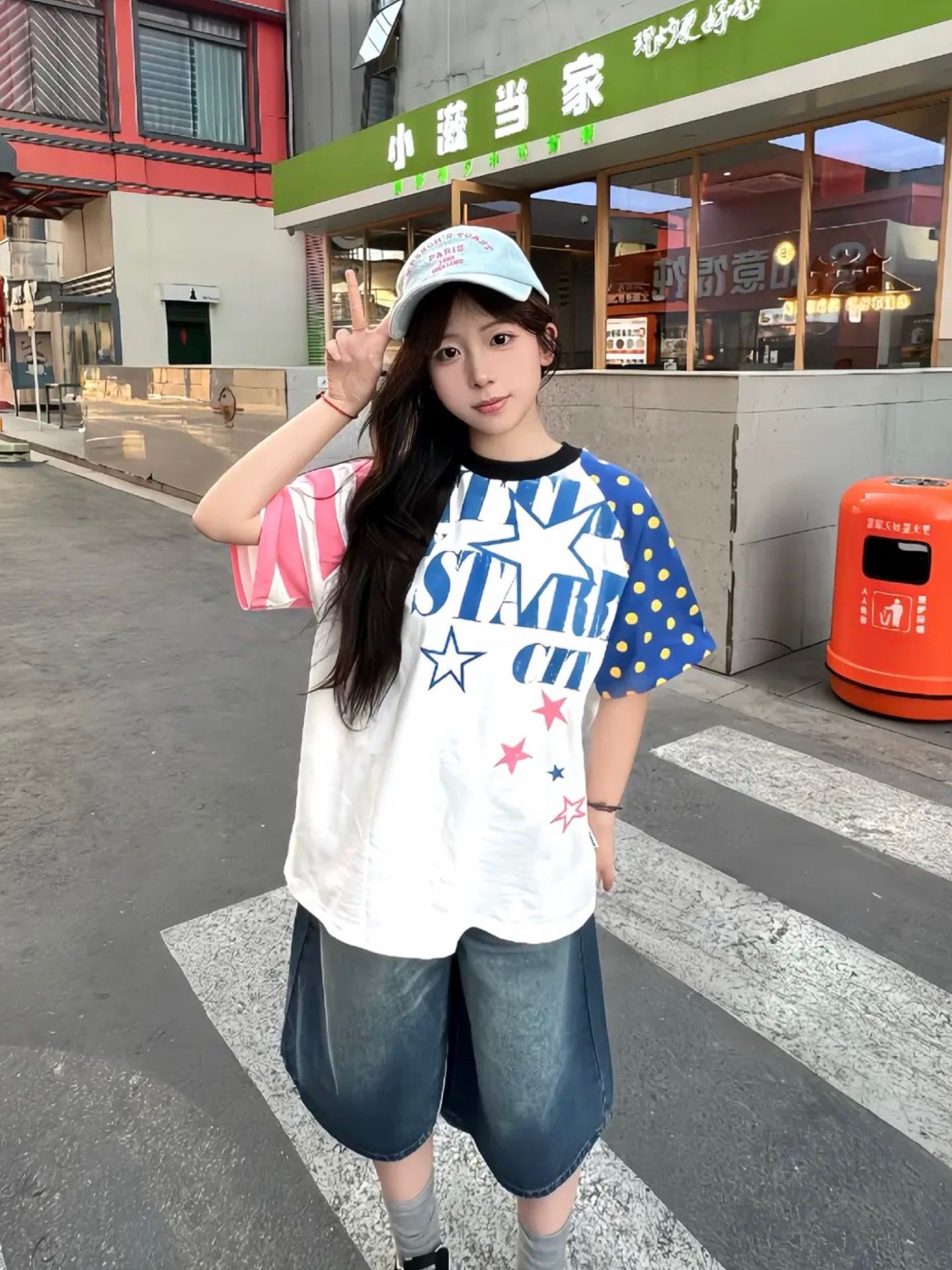아메리칸 레트로 순면 패치워크 색상 반팔 티셔츠 여성