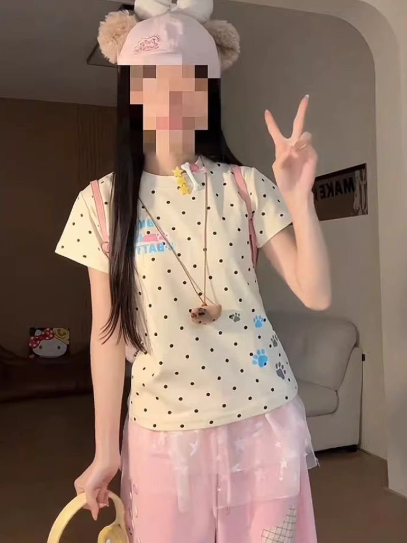 세 헤어 클립 한 부서 도트 무늬 일반 섹션 새로운 여름 긍정적 인 어깨 반팔 몸매 가꾸기 슬림해 보이는 맨위