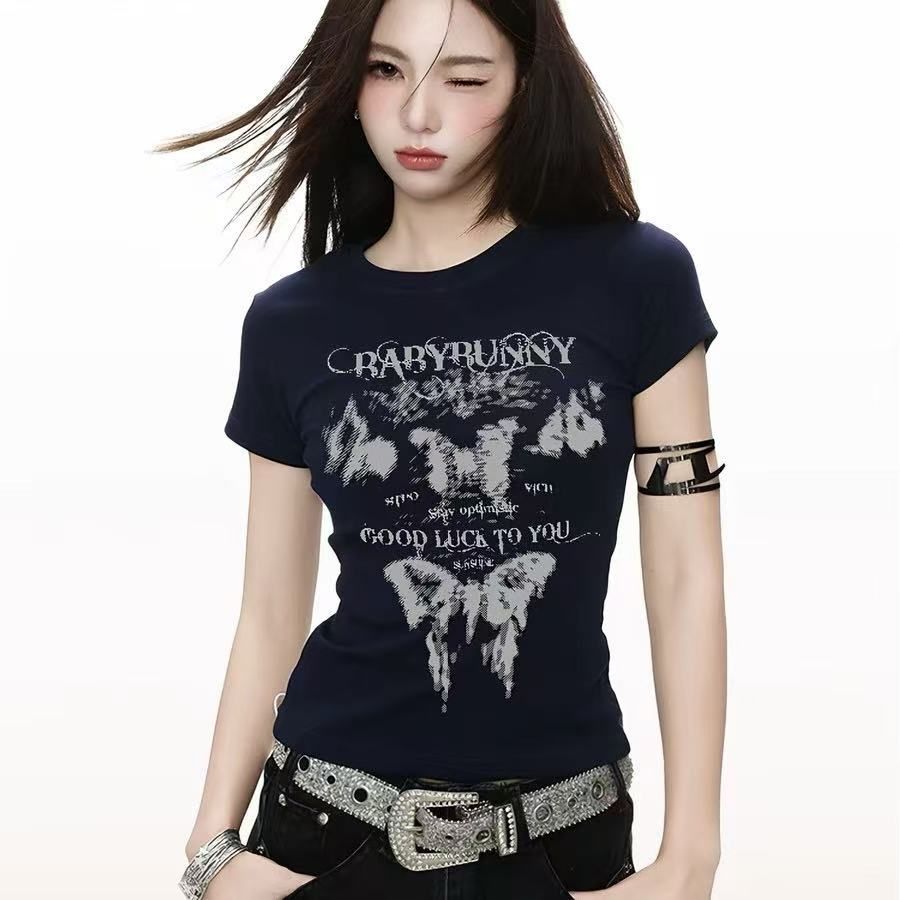 아메리칸 레트로 긍정적 인 어깨 라운드 넥 프린트 반팔 티셔츠 여성