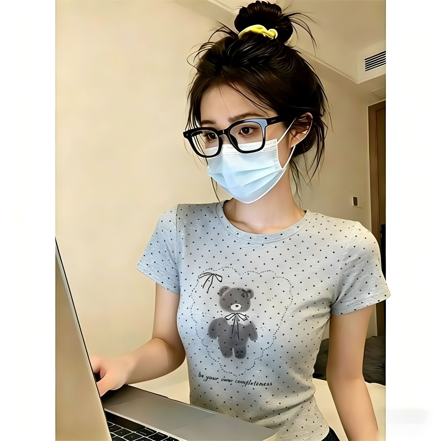 아메리칸 레트로 작은 곰 도트 무늬 전체 인쇄 반팔 티셔츠 여성