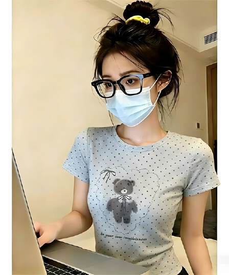 아메리칸 레트로 작은 곰 도트 무늬 전체 인쇄 반팔 티셔츠 여성