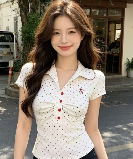 자카드 원단 유럽 한 패션 디자인 새로운 도트 무늬 배색 자수 몸매 가꾸기 반팔 여름 새로운 다용도 맨위