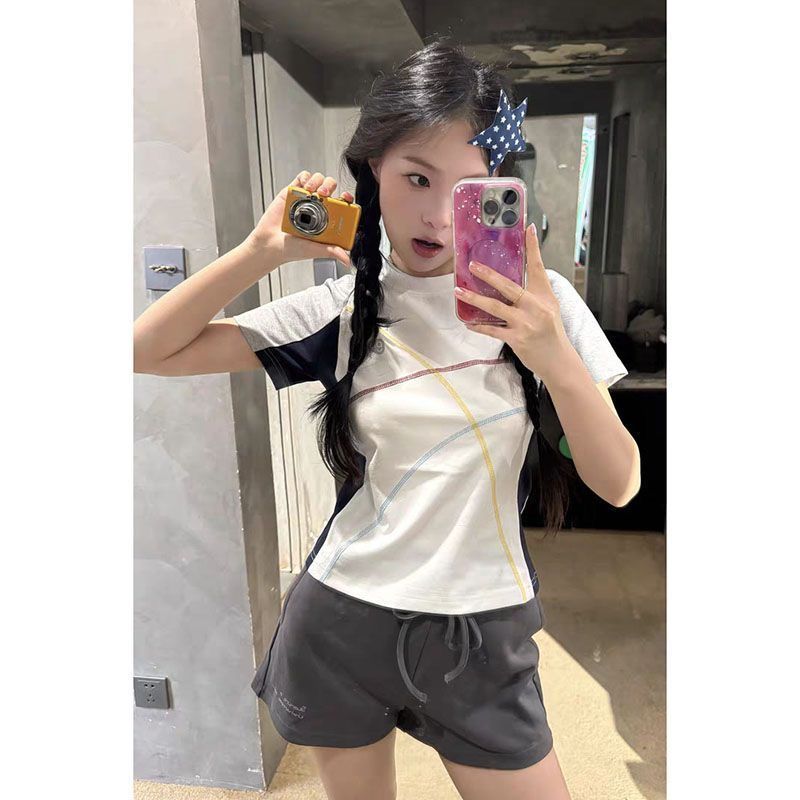 220 그램 92 면 8 암모니아 Lun 한 부서 패션 디자인 패치워크 색상 라운드 넥 맨위 반팔 여성 의류 맨위 새로운