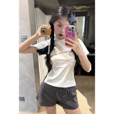 220克92%棉8%氨纶韩系时尚设计拼色圆领上衣短袖女装上衣新款