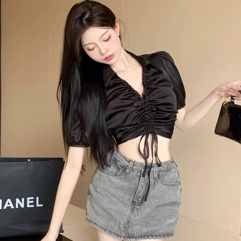 한 부서 여름 여성 셔츠 작은 대중 명문 여성 바람 펌프 로프 거품 소매 맨위 핫걸 쇼트 스타일 셔츠 맨위 여성