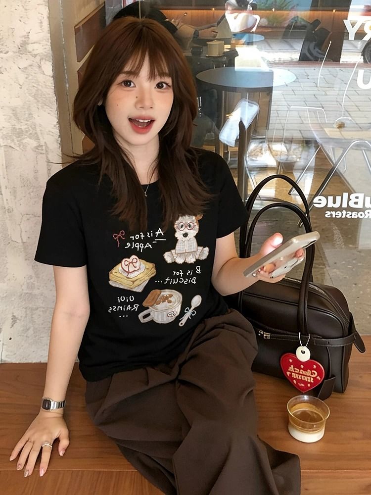 한국 스타일 순면 여름 드레스 루즈핏 반팔 티셔츠 여성