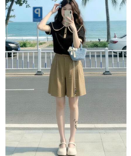 빅 사이즈 여성 의류 작은 샤넬 스타일 폴로 칼라 세트 여성 디자인 센스 작은 대중 여름 Chic 반바지 외국 가스 투피스 세트