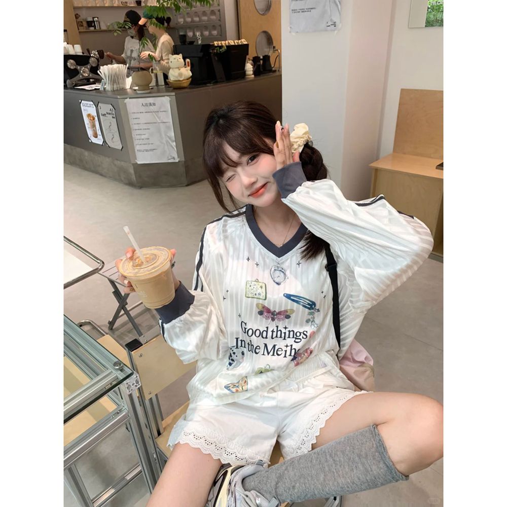 원본 품질 캐주얼 V넥 티셔츠 후드티 여성 가을 루즈핏 블라우스 긴팔