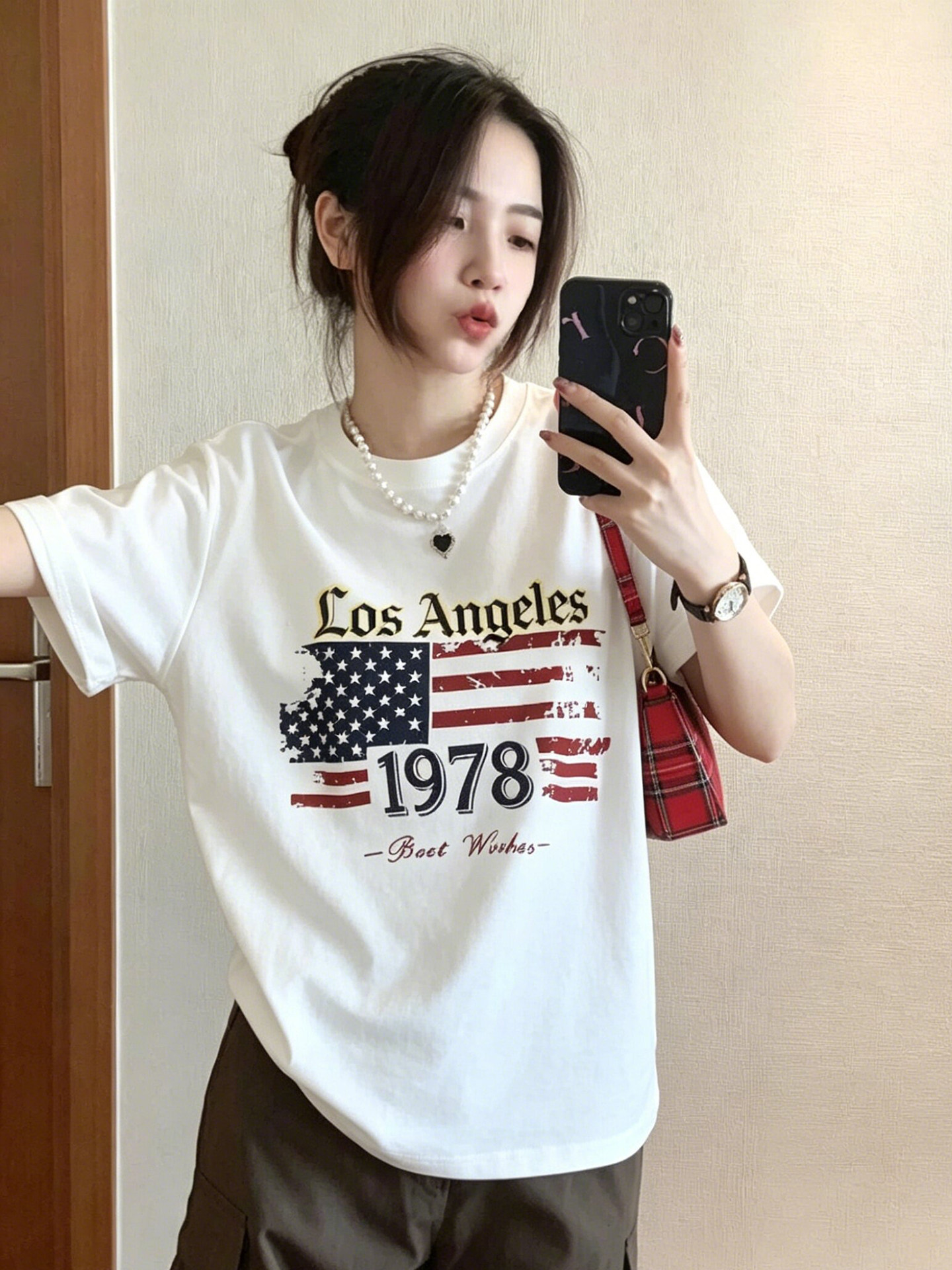 아메리칸 레트로 220 그램 순면 프린트 반팔 티셔츠 여성
