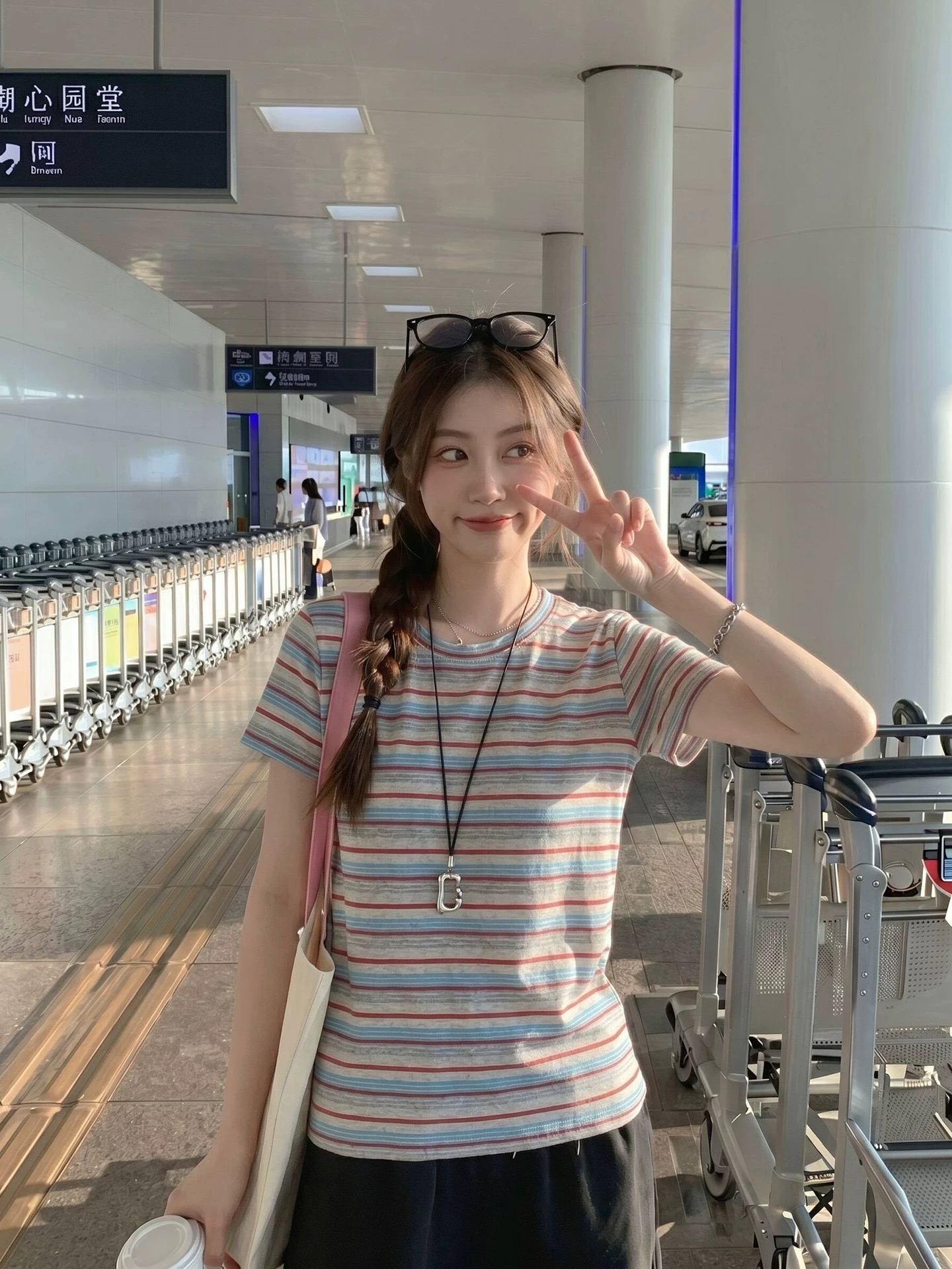 65 면 35 폴리 에스터 원본 원단 한 부서 패션 디자인 스트라이프 반팔 여성 티셔츠 여름 색상 라운드 넥 긍정적 인 어깨