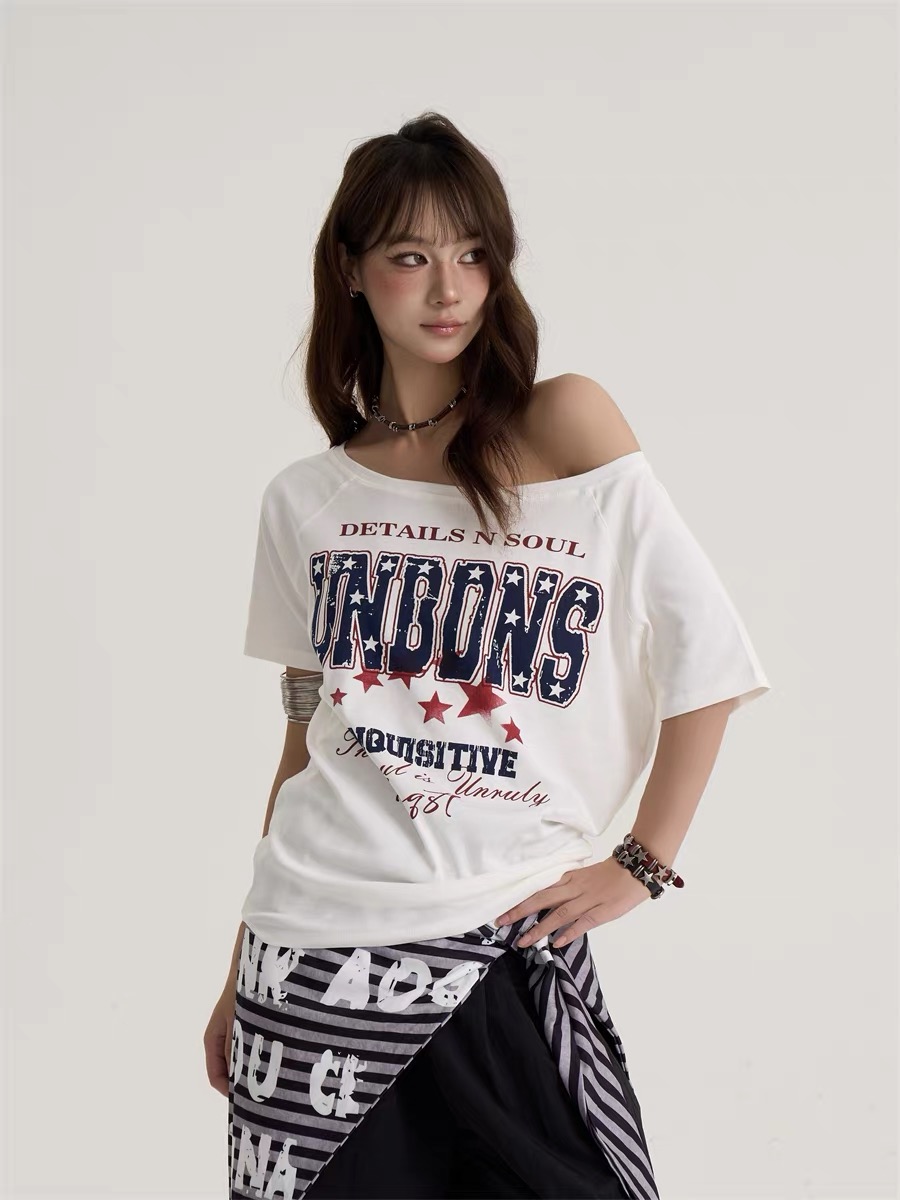 아메리칸 레트로 순면 핫걸 비스듬한 어깨 알파벳 프린트 새로운 반팔 티셔츠 여성