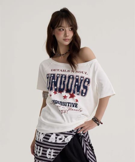 아메리칸 레트로 순면 핫걸 비스듬한 어깨 알파벳 프린트 새로운 반팔 티셔츠 여성