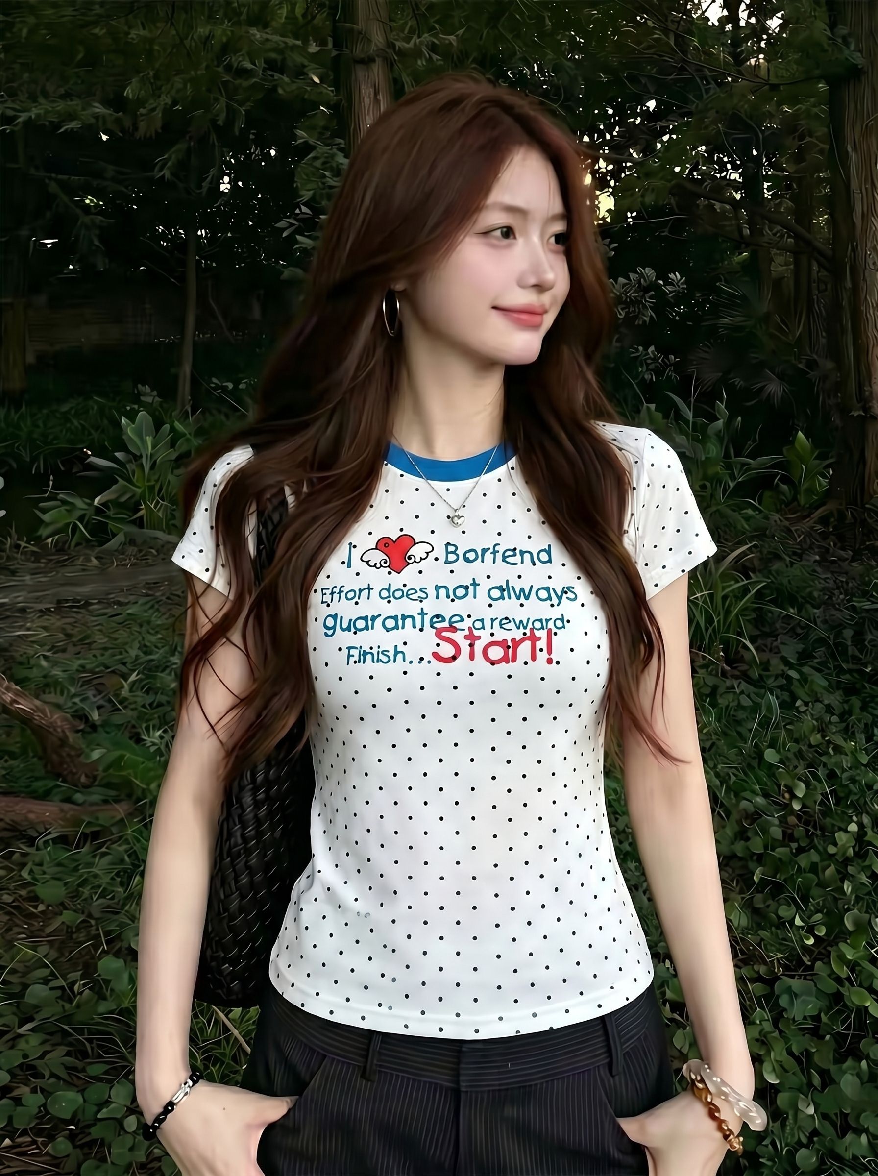 40 좋은 면 210 그램 이후 패키지 칼라 케이블 루오 Na Luokou 작은 대중 레트로 도트 무늬 라운드 넥 반팔