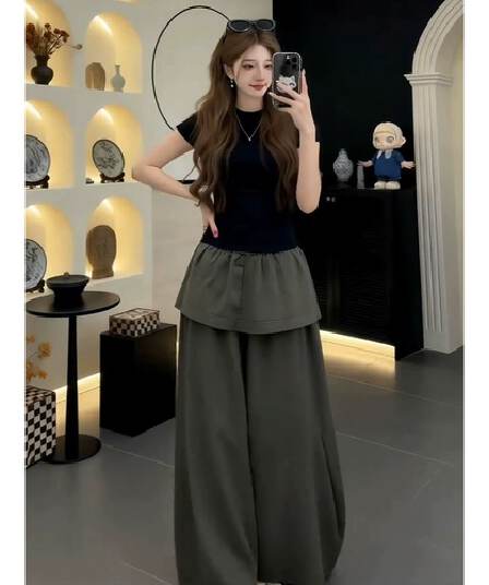 한 부서 그레이트 통해보기 가져 가라. 전체 집합 2026 새로운 품격 반팔 티셔츠 여성 여름 와이드 레그 팬츠 투피스 슈트