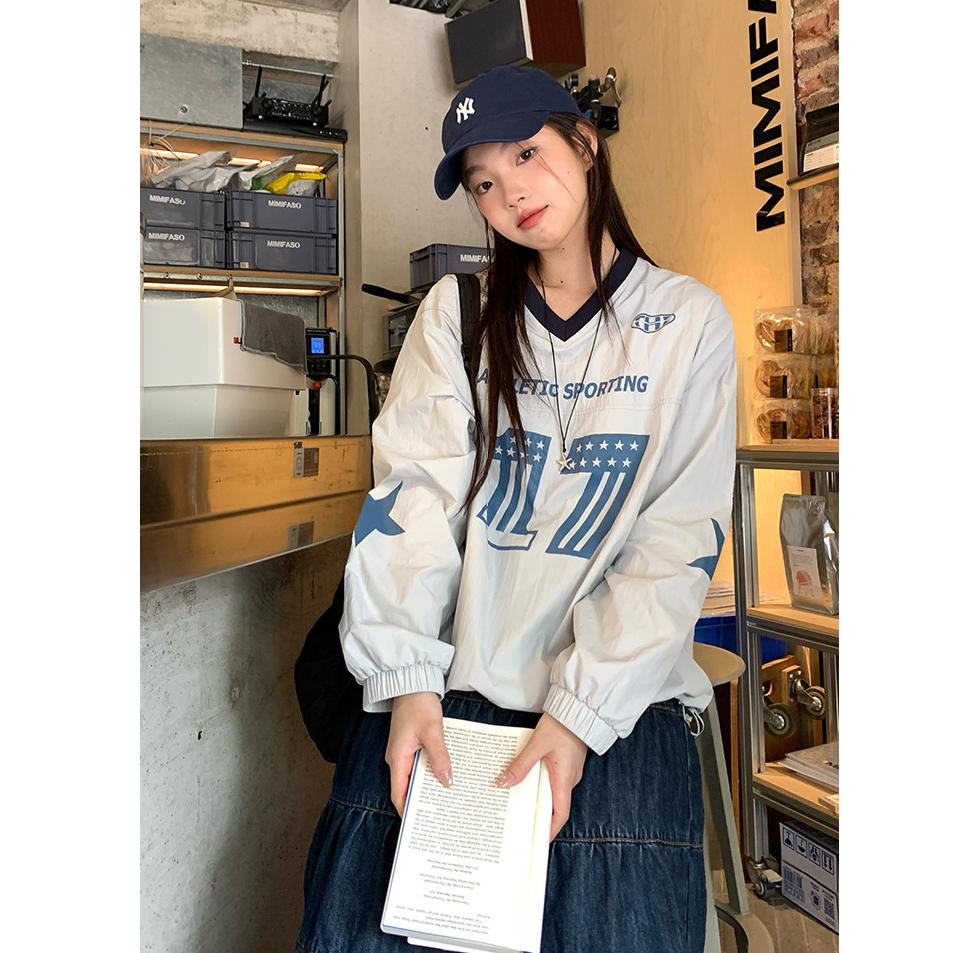 나일론 원단 얇은 스타일 자외선 차단 의류 후드티 아메리칸 V넥 후드티 알파벳 프린트 레트로 루즈핏 맨위 여성 새로운
