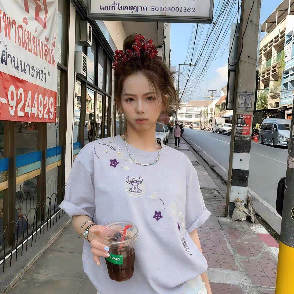 220g 순면 리브 네클라인 유럽 한 패션 디자인 비즈 박기 자수 여름 새로운 반팔 티셔츠 여성