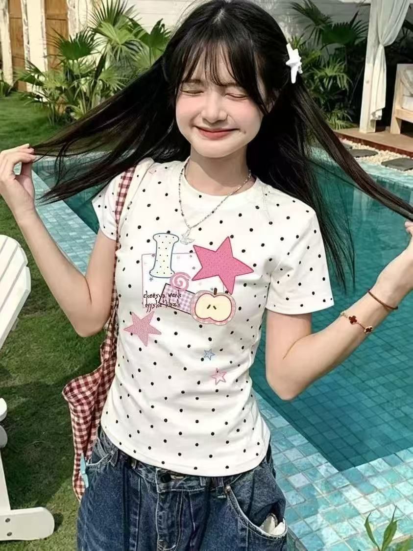 40 빗질하다 92 면 8 암모니아 Lun 아메리칸 레트로 몸매 가꾸기 슬림해 보이는 긍정적 인 어깨 반팔 티셔츠 여성 여름 도트 무늬