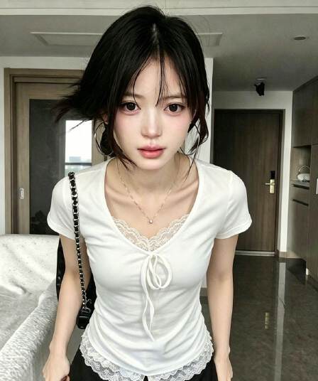 210 그램 40 순면 레이스 V넥 반팔 티셔츠 여성 몸매 가꾸기 긍정적 인 어깨 레이스업 맨위