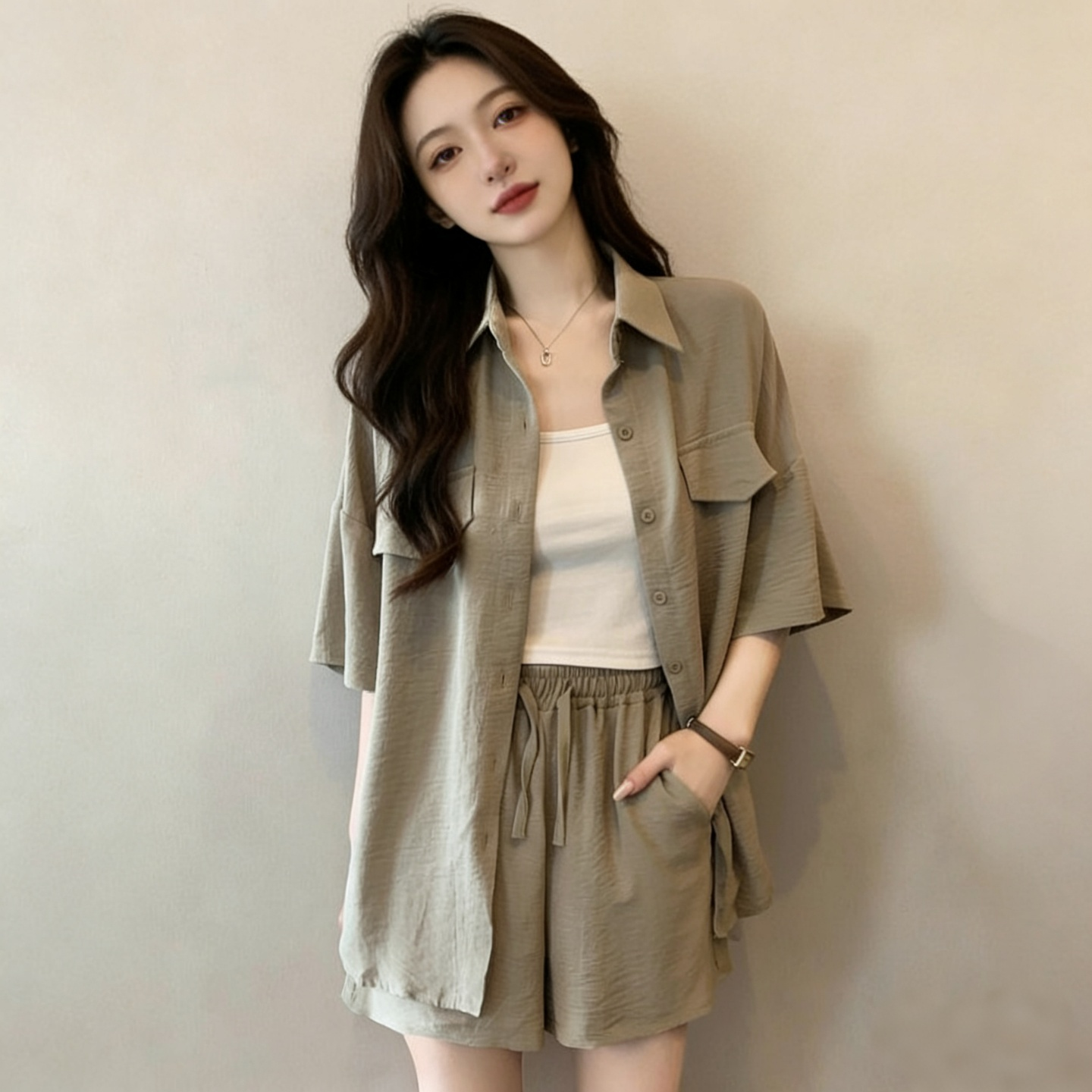 지방 mm POLO 칼라 반팔 셔츠 넓은 다리가 짧다. 바지 두 조각 여성 세트 여름 빅 사이즈 패션 루즈핏 슬림해 보이는 세트