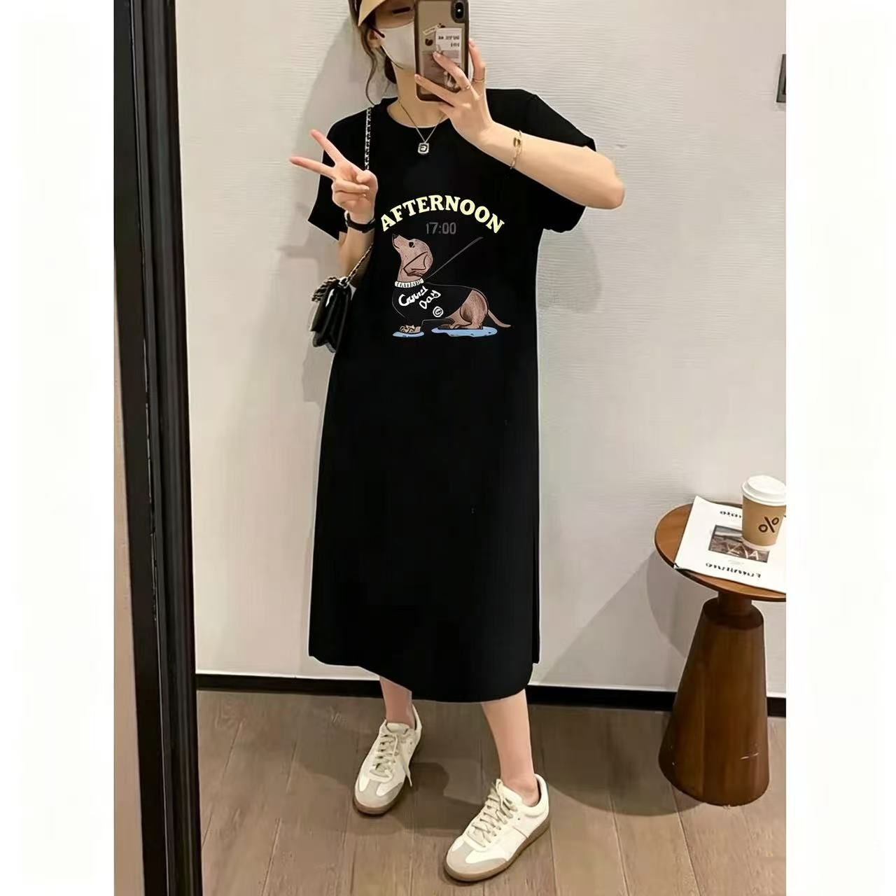 한 부서 느긋한 바람 여름 프린트 스트레이트 치마 다용도 반팔 드레스 Feifei 소매