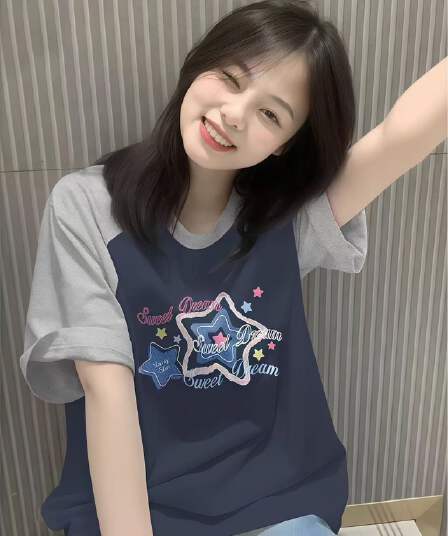높은 품질 순면 빗질하다 닫기 인쇄 플라워 인서트 색상 소뿔 소매 루즈핏 패치워크 색상 반팔 티셔츠 여성