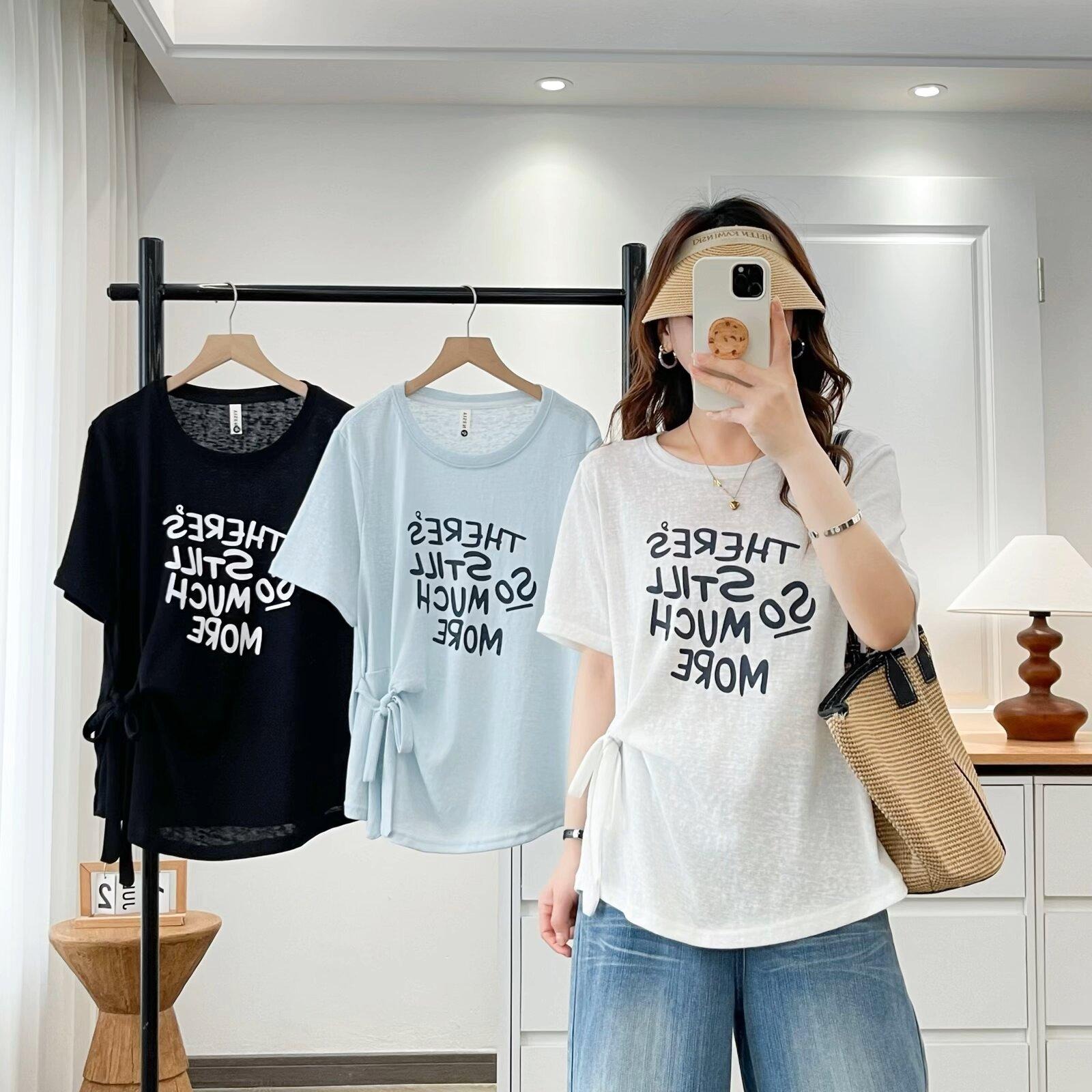 170 그램 눈꽃 면 65 면 35 폴리 에스터 한국 스타일 여성 의류 여름 새로운 레이스업 프린트 라운드 넥 반팔 여성 새로운