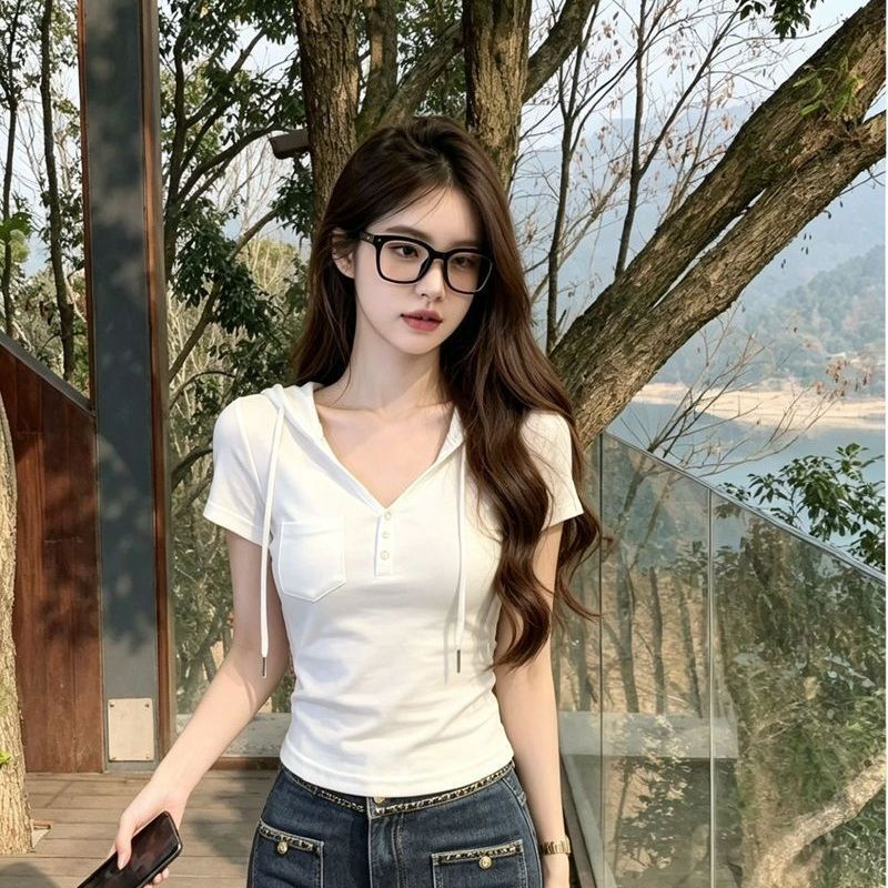 260 그램 사람들 면 1 1 후드 V넥 반팔 티셔츠 여성 의류 여름 얇은 스타일 맨위