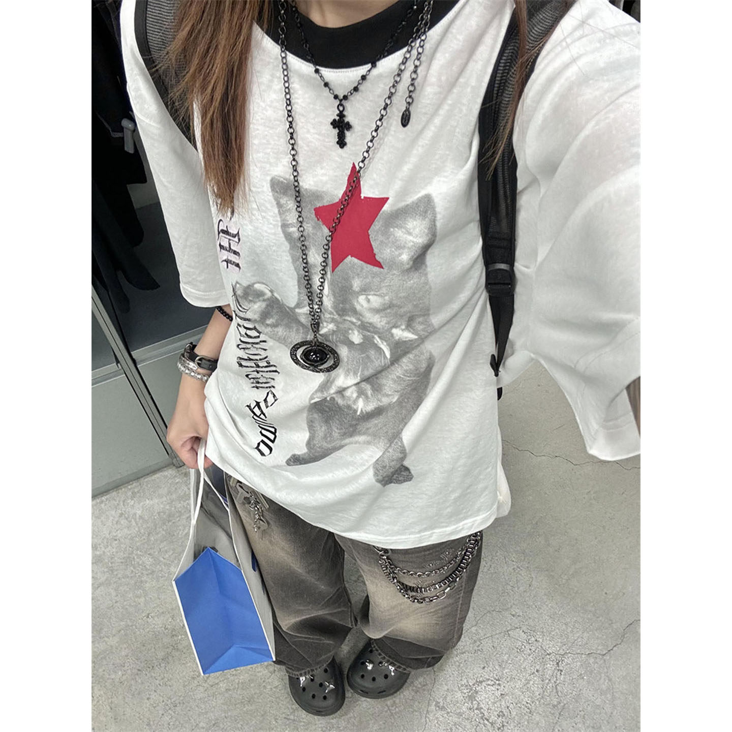 이문화 고양이 프린트 반팔 티셔츠 여자 여름 새로운 펑크 시각 부서 아시아 인 비교 의류 여성