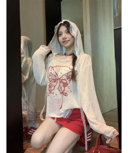 원본 원단 나비 프린트 반팔 t 소매 여성 여름 핫걸 캐주얼 후드 루즈핏 긴팔 자외선 차단 블라우스 맨위