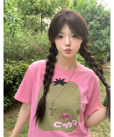 32 빗질하다 순면 키위 핑크색 반팔 티셔츠