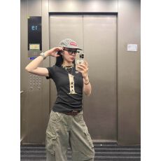 美式复古纯棉印花修身短袖t恤女