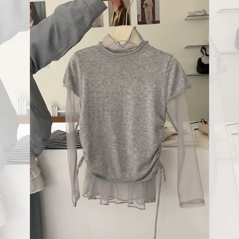 한 부서 chic 레트로 부드러운 찹쌀 느긋한 바람 고급 센스 슈퍼 잘 생긴 작은 키 연령 감소 회색 티셔츠 망사 만나는
